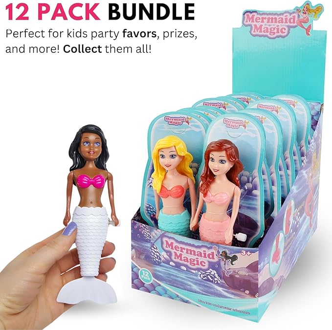 Mermaid Bath Toys for Toddlers Kids Girls - Princess Wind Up Tail Flap Floating Water Bathtub Toys, Swimming Pool Bathing Time Fun (12 Pack)