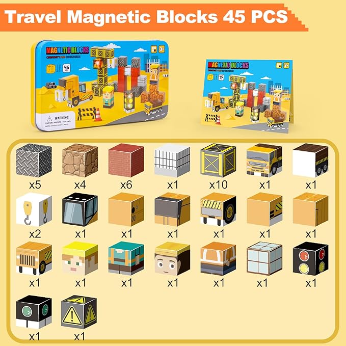 Aywewii Travel Magnetic Blocks 45 PCS Travel Games for Kids Ages 3-5, Magnet Building Cubes STEM Learning Set with Iron Case - Portable Building Toys for Boys and Girls (Construction Edition 1)
