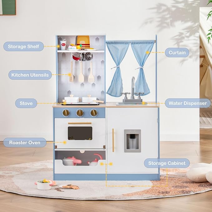 INFANS Kid Kitchen Playset, Toddler Wooden Pretend Cooking Set with Stove, Sink, Microwave, Storage Cabinet, Play Kitchen Toy Set for Children Boys Girls