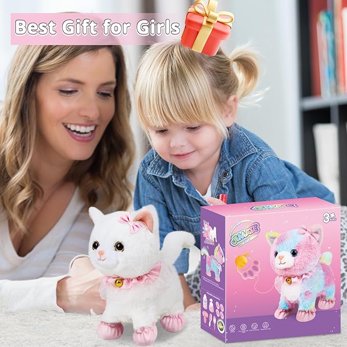 Interactive Electronic Plush Toy Walking and Barking Robot Cat Plush Cat Remote Control Kitten for Girls (White Cat)