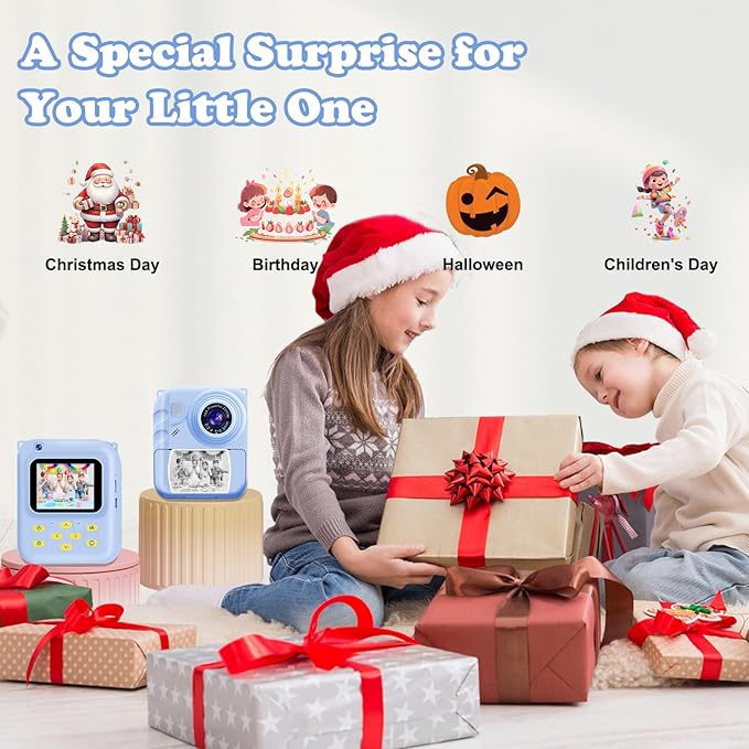 Instant Print Camera for Kids, 1080P Video Camera with 3 Print Rolls, 32GB Card & Cute Cover, Gift for Girls Boys Age 3-12, Toddler Digital Camera with Games, Filters, Music – Blue
