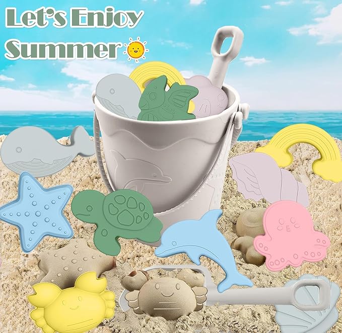 11Pcs Baby Beach Toys, Silicone Beach Toys, Baby Beach Essentials, Travel Friendly Beach Set, 1 Bucket, 1 Shovel, 8 Sand Molds, Beach Bag, Sand Toys for Toddlers 1-3 (Gray)