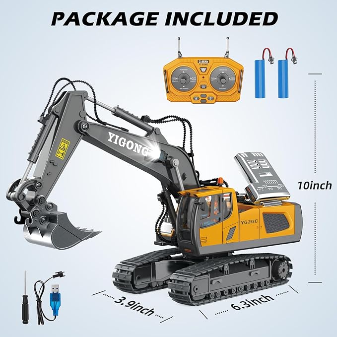 Remote Control Excavator Toy RC Play Excavator Construction Vehicles, 11CH 2.4Ghz RC Sand Digger with Metal Shovel & Light, Construction Truck Toys for Boys 3 4 5 6 7 8-12 Year Old Kids Birthday Gifts