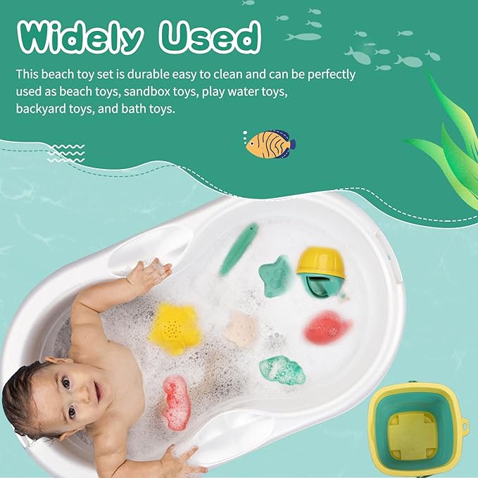 Beach Toys for Kids - Sand Toys Set Includes Collapsible Sand Bucket Shovel and Sand Rake Toy for Beach 12 PCS, Sandbox Toys Sandcastle Building Kit (A)