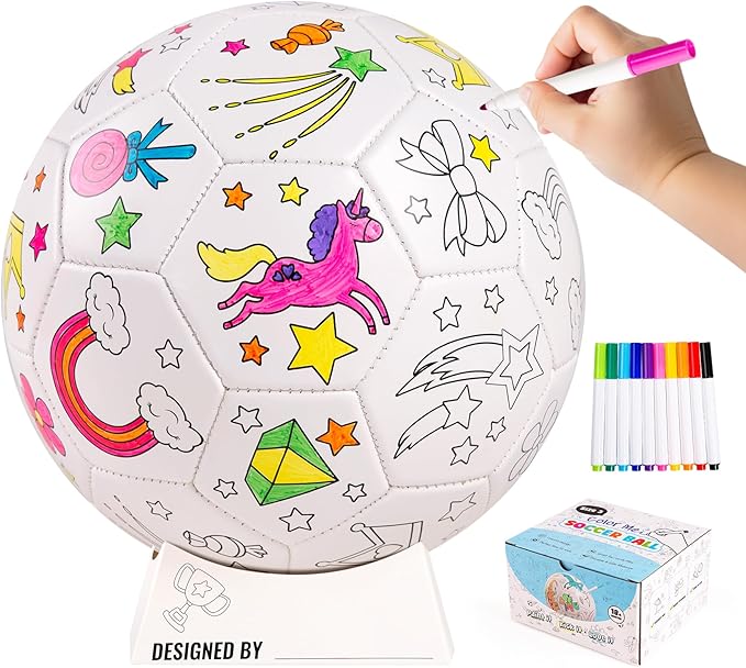 EVERICH Paint Your Own Soccer Ball with Markers, Toddler Arts and Crafts Kits Soccer Gifts for Girls Boys, Size 3 Unicorn Toys Coloring Custom Soccer Ball Game Birthday Gifts for Kids 3 4 5 6-8 8-12