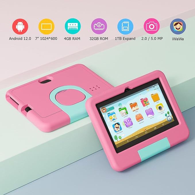 Kids Tablet, 7 inch Android Tablet for Kids, 4GB RAM 32GB ROM 1TB Expand, Toddler Tablets with Parental Control, IPS Screen, Dual Camera, Educational, Games, Shockproof Case for Boys/Girls (Pink)