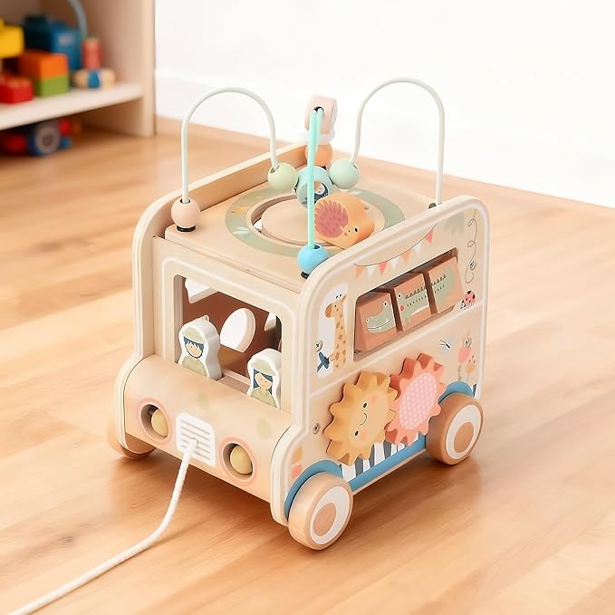 Wooden Pull Along Activity Cube Toys, Montessori Toys for 1 2 3 Year Old Baby Toddlers, Baby Activity Cube for 1 Year Old, 1st First Birthday Gift