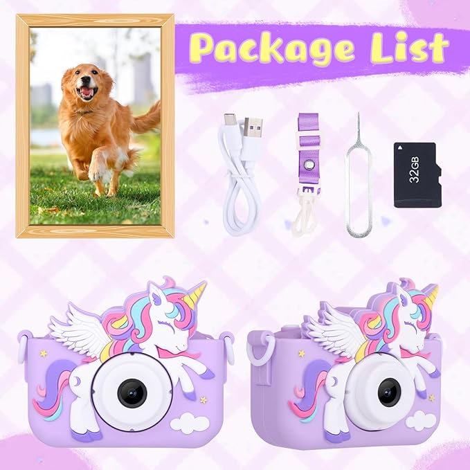 Unicorn Toys Camera for Kids Girls Age 3-8, Toddler Kids Digital Camera Christmas Birthday Gifts for 3 4 5 6 7 8 Years Old Girl, Cute Selfie Video Camera, HD 1080P, 32GB SD Card, Purple