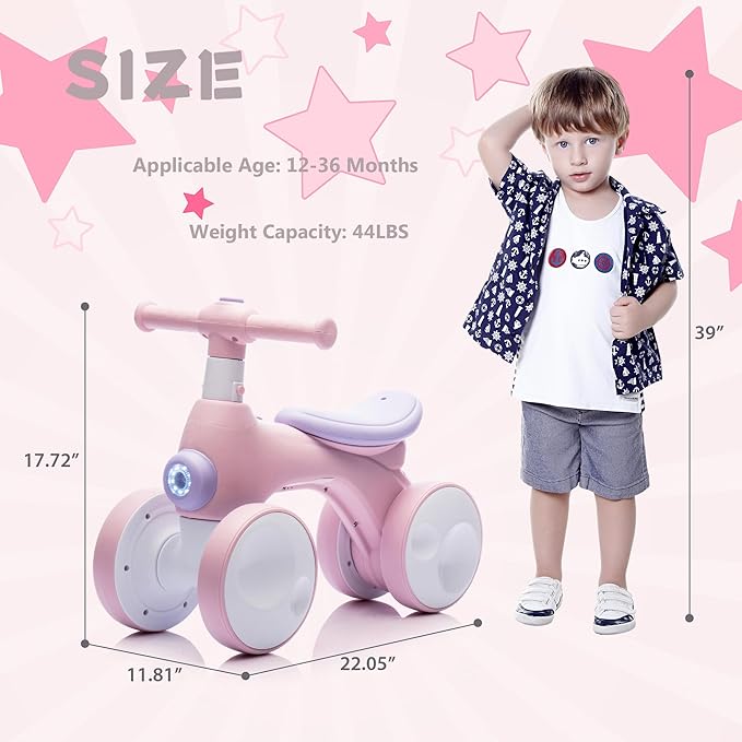 Baby Balance Bike 1 Year Old with Music, Lights, Bubble Machine, 4 Wheels Pedal-Less Toddler Ride on Toys for 12-36 Months Birthday Gift, Toddler boy Toys Ride on car (Pink)