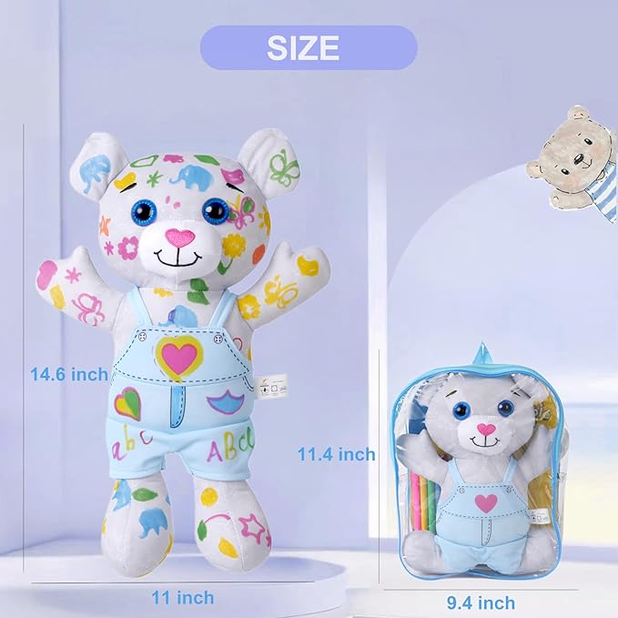 Coloring Plush Toy with 5 Washable Markers for Little Girls Doodle Dolls for Kids Ages 4-6 Birthday (Blue Bear)