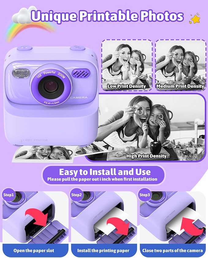 Mgaolo Kids Camera Instant Print Photo,Children Digital Camera Toys Gift with HD Video for Girls Boys 3-12 Age,Chritmas Birthday Festival Present for 3 4 5 6 7 8 9 Year Old Child (Purple)