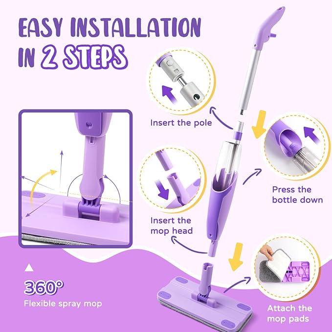 Purple Mini Spray Mop for Toddler-Montessori Cleaning Toy That Real Spray Water,Pretend Playhouse Essentials for Girls Ages 3-8,Toddler Educational Housekeeping Set
