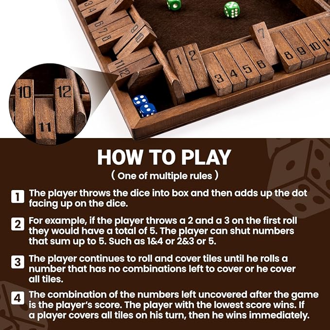 ropoda Shut The Box Game, Upgraded 12 Numbers Wooden Board Games for Adult and Kids, Shut The Box Dice Game -Addition Training, Fun for Family Game Night,Vintage Style