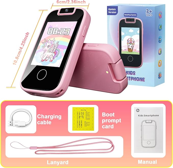 PTHTECHUS Kids Phone Toys for Girls Boys - Toddler Touchscreen MP3 Music Player with Dual Camera, Habit Tracker, Games, Alphabet, Educational Learning Toys Birthday Gifts for 3-7 with SD Card Pink