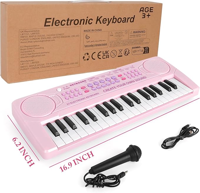 M SANMERSEN Kids Piano Keyboard, 37 Keys Music Keyboard Piano Toys with Microphone, Portable Dual Speaker Electronic Piano Keyboard, Birthday Gift for Beginners Girls Ages 3 4 5 6, Pink