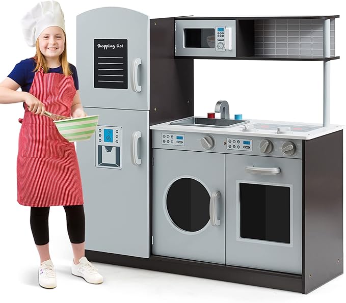 HONEY JOY Kids Kitchen Playset, Wooden Little Chef Pretend Toy Kitchen Set w/Sounds, Sink, Stove, Microwave, Storage Cabinet, Shop List, Play Kitchen for Toddlers, Gift for Boys Girls 3+, Gray