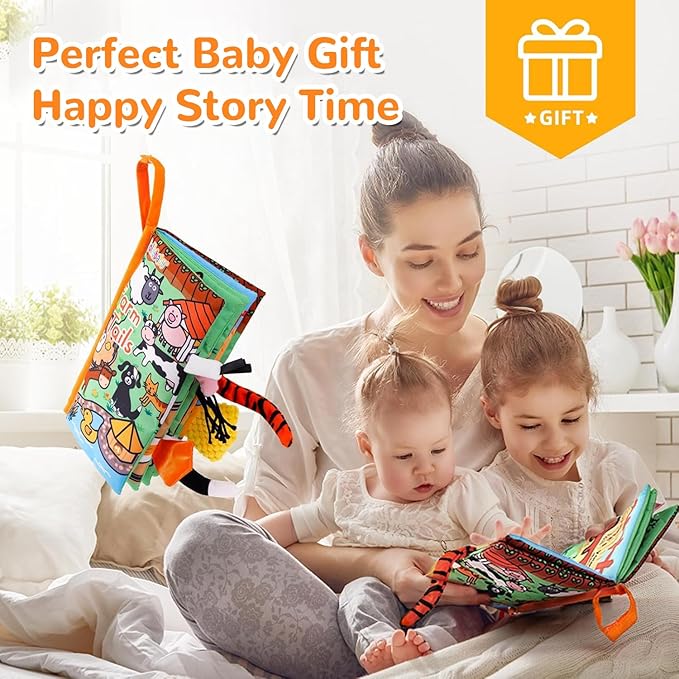 HECCEI Baby Cloth Books Soft Baby Book 0-6 Months Crinkle Books with Tail Touch and Feel Sensory Toys for Infant Tummy Time for 3 Months+, Farm Tails