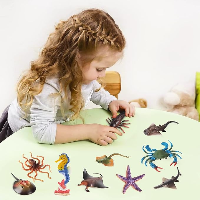 10Pcs Ocean Animals Toys Figures, Large Plastic Sea Creature Figurines Seahorse Starfish Crab Lobster Octopus Devilfish Rays Shark for Kids Educational Birthday Party Favors Cake Decoration Bath Toy