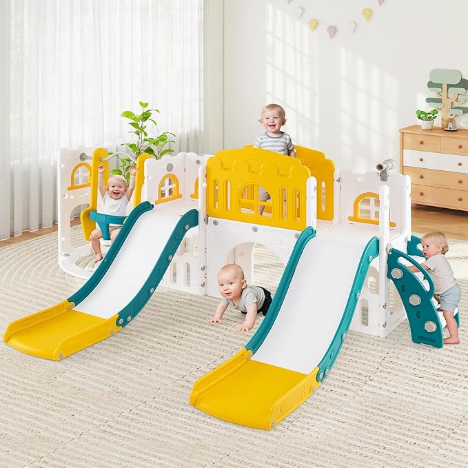 Costzon 10 in 1 Toddler Swing and Slide Set, Double Kids Slide and Climber Playset w/Aisle, Peek-a-Boo Window & Storage Space, Baby Indoor Playground for Aged 1+ (Yellow-2 Slides,100" × 59" × 40")