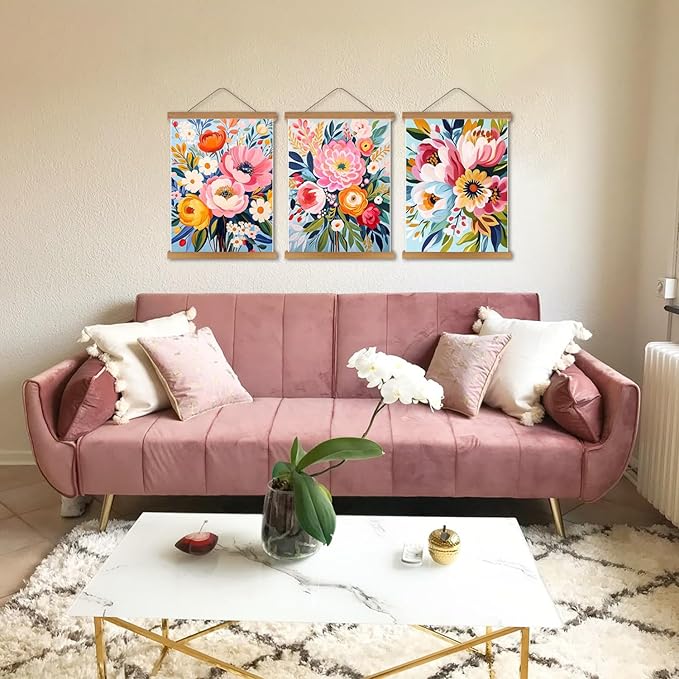 Colorful Flowers Posters Wall Art Set of 3 with Hanging Wooden Frame,Preppy Minimalist Canvas Wall Decor Prints,Vintage Beautiful Wildflower Artwork for Living Room Bedroom Bathroom Home Decor 12x16In