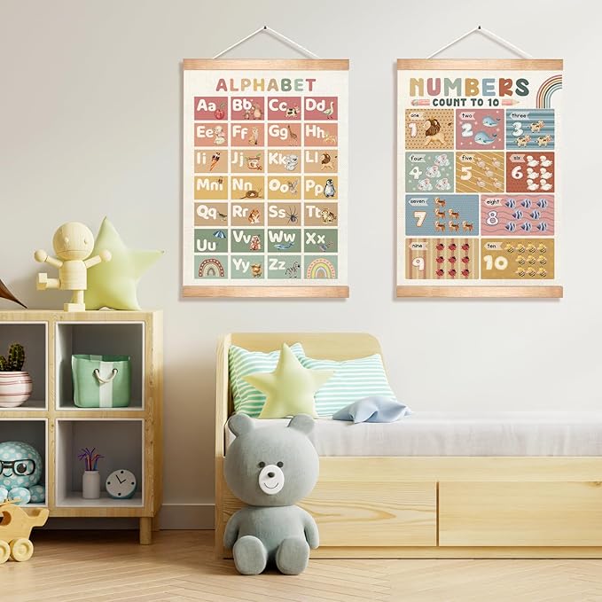Kids Alphabet and Numbers Learning Posters Set of 2, Linen Canvas Educational Wall Art,Canvas Print Wall Hanging Posters, Cute Animal ABC 1-10 Numbers Charts for Nursery Playroom Preschool Classroom Decor, 18.5x14 Inch(Colorful-01)