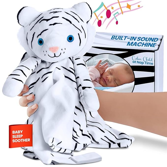 Love By Emi Baby Sleep Soother White Tiger Plush with Heartbeat & Lullaby Sounds, 4-in-1 Sound Machine, Security Blanket & Pacifier Holder, Baby Registry Essential for Newborns, Infants & Toddler