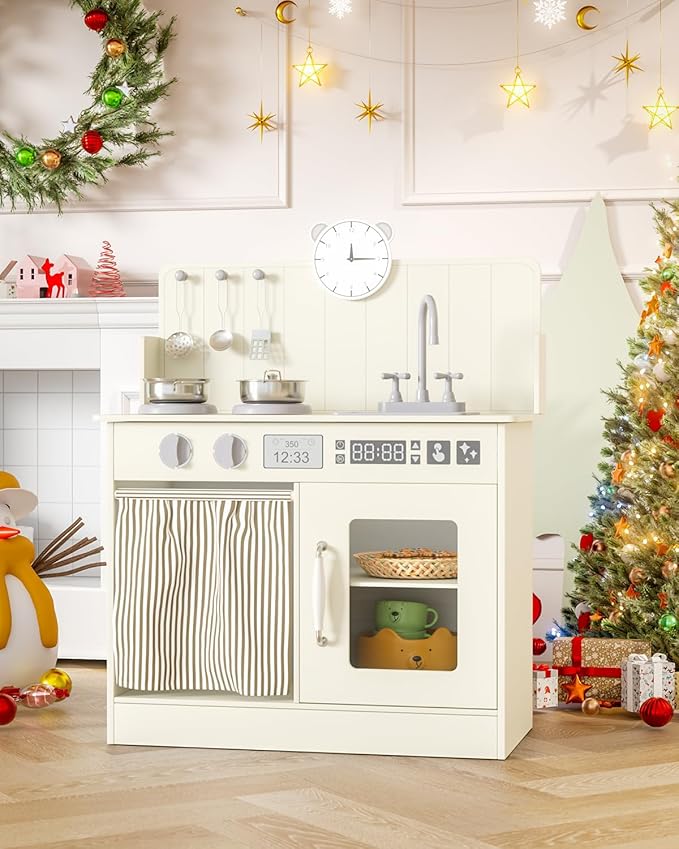 MAMIZO Play Kitchen for Toddlers, Wooden Kids Toy Kitchen Playset with Smart Storage, Ultimate Interactive, Simulated Gas Cooker, Sink & Faucet, 6 Pcs Cookware & Educational Clock (Cream)