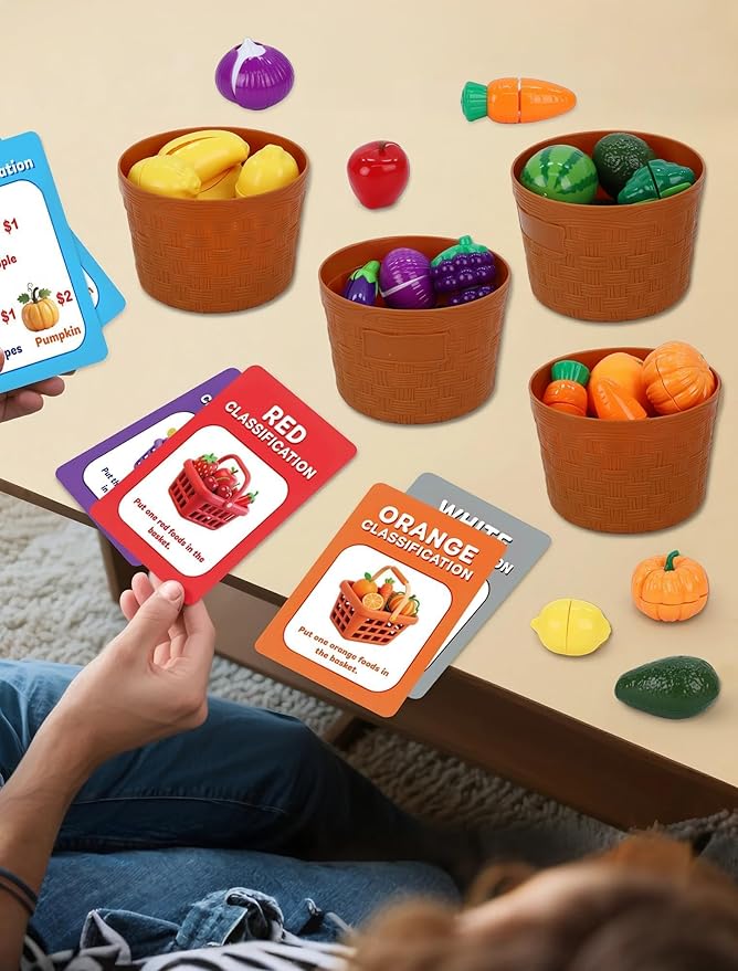 53 pcs Farmer Market Play Set, Play Food, Learn Count, Color Sorting Set, Peel & Cut, Fruit Cutting Toy, Fine Motor Skills, Pretend Play Food Sets for Kids Kitchen, Educational Toy Gift for Toddlers