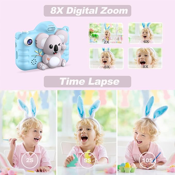 Kids Camera Koala Toys for 3-9 Years Girls Boys Toddler Digital Selfie Camera Video Camcorder Christmas Birthday Gifts for Children 1080P 48MP 2.4inch Screen with 32GB SD Card Blue