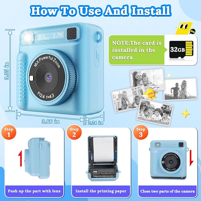 Instant Print Camera for Kids, Kids Cameras Ages 3-12, Digital Toy for Girls & Boys, Christmas and Birthday Gift, Portable HD Video Recorder with 32GB SD Card (Blue)