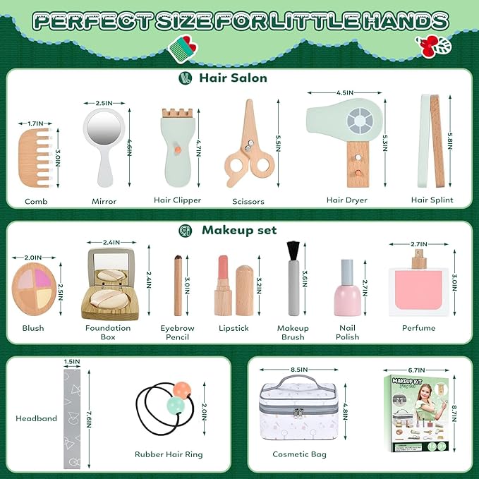 Wooden Makeup Toy Set, Pretend Play Wood Beauty Salon Playset for Girls, Wood Makeup Kit with Cute Fake Makeup Set Gift for Toddler 3 4 5 6 7