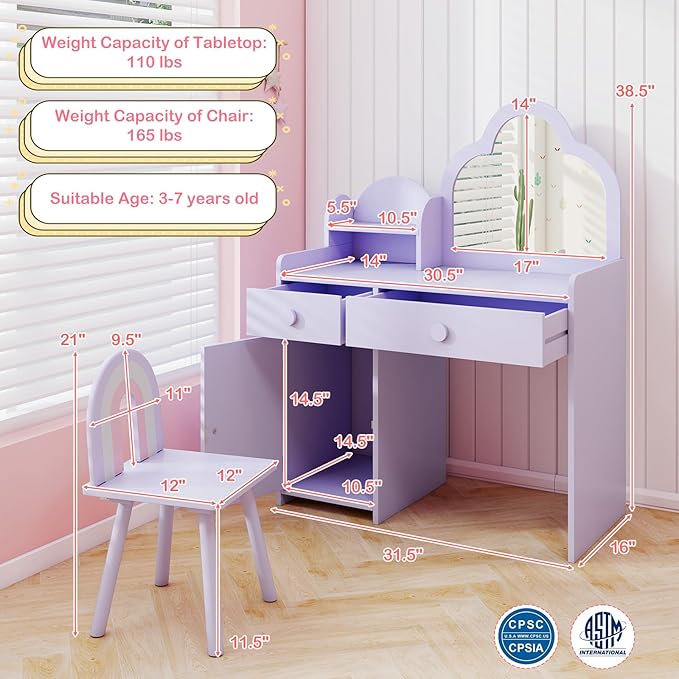 HONEY JOY Kids Vanity, Cloud Shape Wooden Girls Vanity Set with Mirror and Stool, Drawers, Storage Cabinet, Toddler Makeup Desk Dressing Table, Pretend Play Kids Vanity Table and Chair Set (Purple)