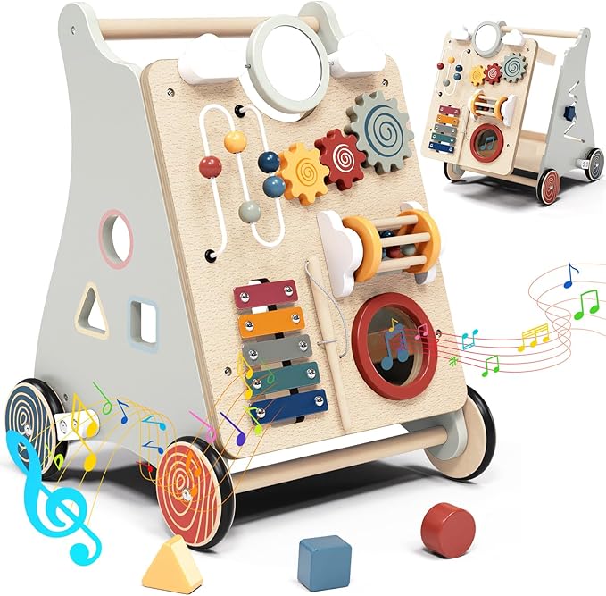 Baby Push Walker with Detachable Busy Board, Wooden Baby Walker with Adjustable Speed Wheels, Montessori Push Walker for Babies, Push Walking Toys for Boys & Girls 1 Year Old, Gifts for Toddler