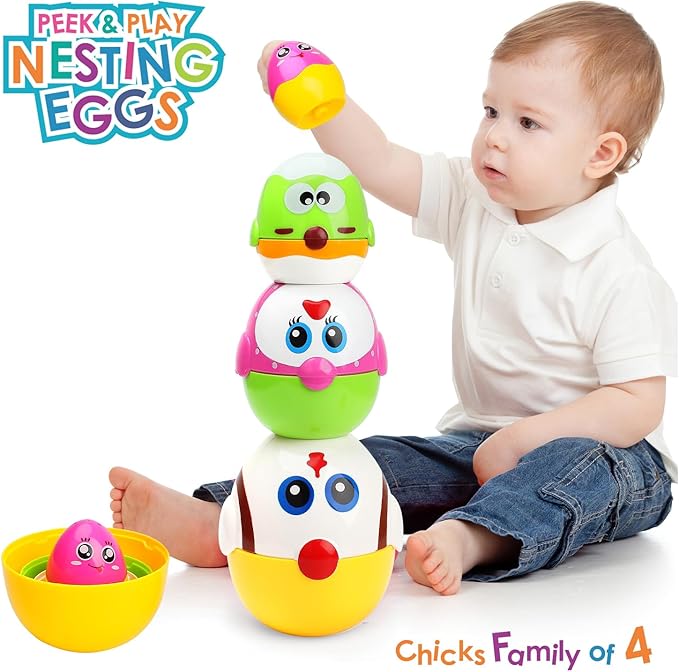 Easter Egg Toys Basket Stuffers for Toddler, 8 Pcs Nesting & Stacking Chicks Matching Toys for 18 months, 2, 3, 4+ Yr Old, Plastic Eggs Fillable, Easter Gifts for Girls Boys Party Favor, Easter Hunt