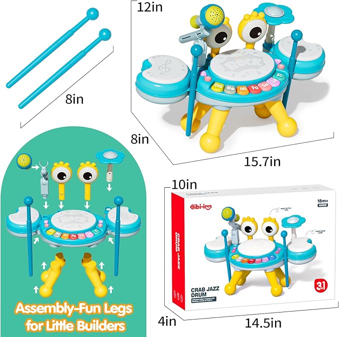 Toddler Drum Set for Kids 1-3, Baby Drum Set 1 Year Old with Light-Up Microphone, Musical Instruments Montessori Learning Toys for 6 9 12 18 Months, Birthday Gift for Boys Girls