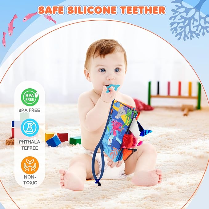 Soft Baby Book - Baby Toy - Newborn Boys Girls Shower Gift - Tummy Time Toy for Infant 0-6 6-12 Months - Touch and Feel Sensory Crinkle Book with Teether for Toddler