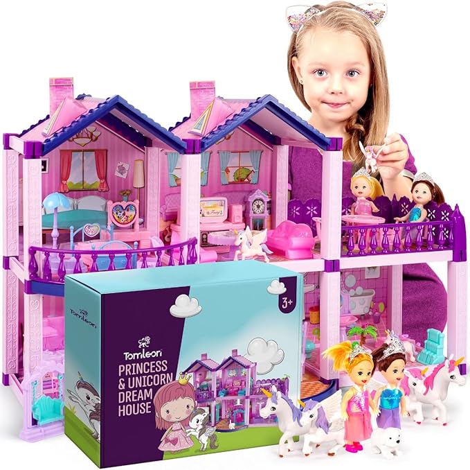 Dollhouse with 4 Princesses, 4 Unicorns, Dog, Furniture and Accessories - Pink and Purple Dream Doll House Toy for Little Girls - 5 Rooms w/Garden, Furniture and Accessories, Gift for Girls Ages 2-7