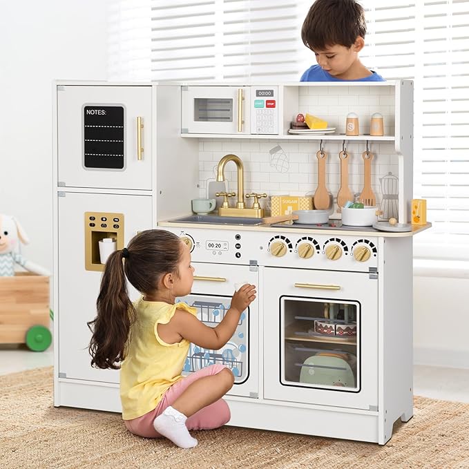 OOOK Wooden Kids Kitchen Playset, Simulated Kids Play Kitchen with Lights and Sounds, Nice Role Play Toy Kitchen with Plenty of Play Features for Kids Gift