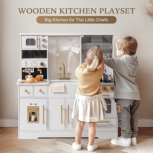 ROBOTIME Pretend Play Kitchen for Kids, Wooden Toy Kitchen with Ice Maker, Coffee Machine, Oven & Accessories – Fun Kitchen Set for Girls & Boys Age 3+