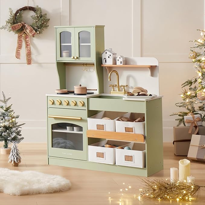 Tiny Land Play Kitchen for Kids with Enhanced Storage – Modern Toddler Kitchen Playset with Stove, Sink & Accessories, Organized Wooden Toy Kitchen, Ideal for Toddlers