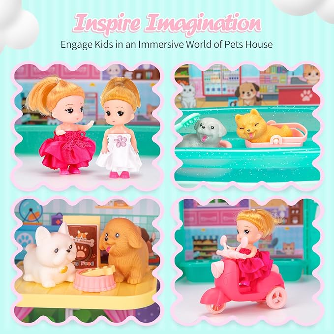 Foldable Pets Dollhouse Toy Play Set, Doll House of Pets with 31+ Accessories Includes Dolls, Motor, Pool, Little Pets, Slide and Sounds, Pretend-Play Toddler Playhouse Ideal Gift for Children aged 3+