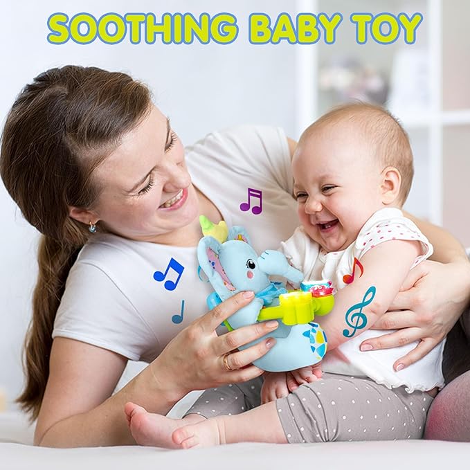 Baby Bilingual Musical Elephant Stuffed Animals Toys,Infant Early Learning Toy with Light-Up Music & Crinkle,Tummy Time Toys for 0 3 6 9 12+ Months for Baby Boy Girl Gift,Blue