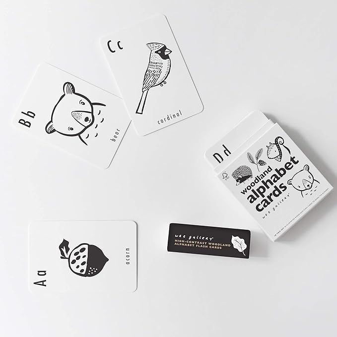 Wee Gallery Educational Flashcards for Babies, Double Sided Black and White Learning Flash cards, Woodland Animal Alphabet Cards for Visual Stimulation and Cognitive Development of Toddlers