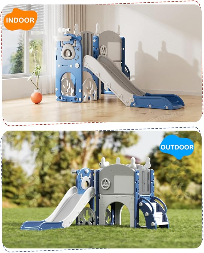 XJD Toddler Slide,12 in 1 Kids Slide for Toddlers 1-3, New Upgrade with Golf Set, Basketball Hoop, Drawing Board for Indoor Outdoor Playset,Toddler Playground (Blue White)