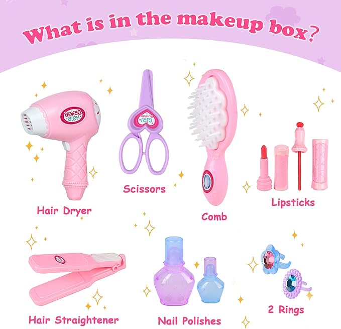 Little Princess Toddler Vanity Set, Portable Makeup Kits with Lights and Music & Real Mirror & Multiple Accessories, Best Birthday Christmas Festival Gift for Girls 3-7 Year Old Toddlers 1-3