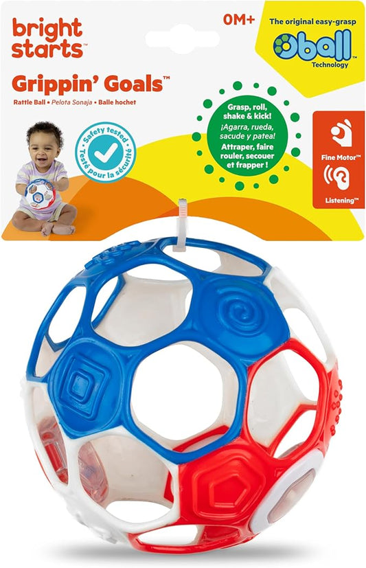 Bright Starts Oball Grippin' Goals Rattle Soccer Ball - Red, White & Blue, Easy-Grasp Toy for Newborn and Up