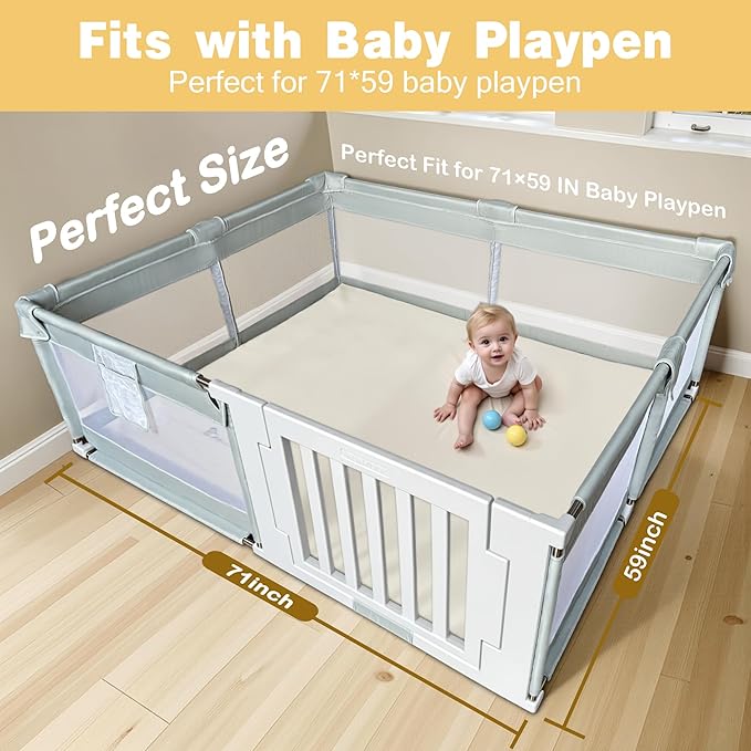 Padded 71" ×59" Large Baby Play Mat for Floor, 1.2" Thick Memory Foam Playmat with Soft Vegan Leather Cover, Cushioned Play Mat for 71" x59" Playpens, Beige