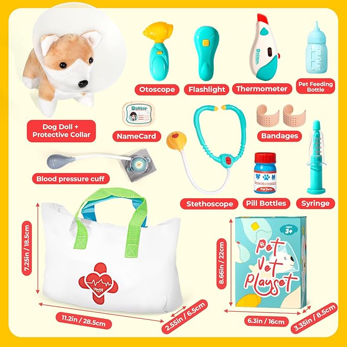 Doctor Kit for Toddlers 3-5 - Preschool Pretend Play Medical Kit with Dog Toy, Stethoscope, Blood Pressure Cuff and Carrying Bag- Dress Up Toys for Kids Ages 3+ Years