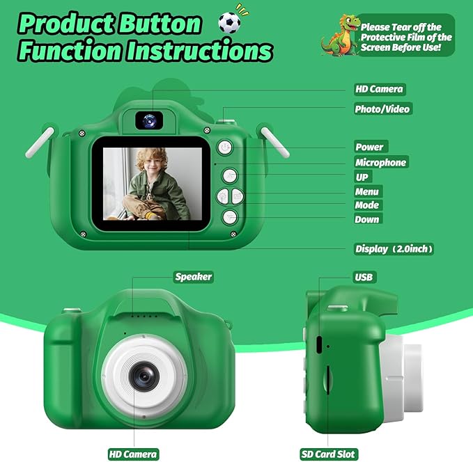 Dinosaur Kids Camera for Boys Girls, Toddler Digital Selfie Camera with Cute Protective Cover and 32G SD Card, Christmas Birthday Gifts Toys for 3 4 5 6 7 8 9 10 11 12 Years Old Little Girls and Boys