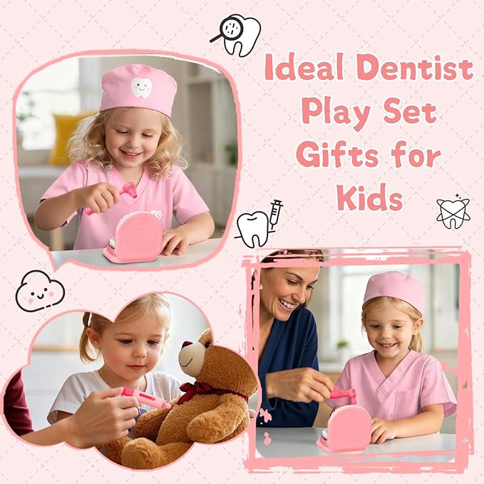 Dentist Play Set for Girls 3-5 - Doctor Kit Toy Gifts for 3 4 Year Old Toddler Girls, Pretend Play Montessori Toys Teeth and Dental Playset Medical Kits for Boys Kids 3 4 5 6 7 8 Pink